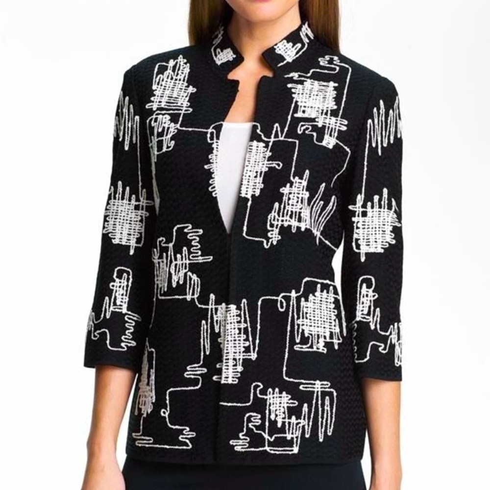 MING WANG Knit Embroidered 3/4 Sleeve Cardigan Black XL